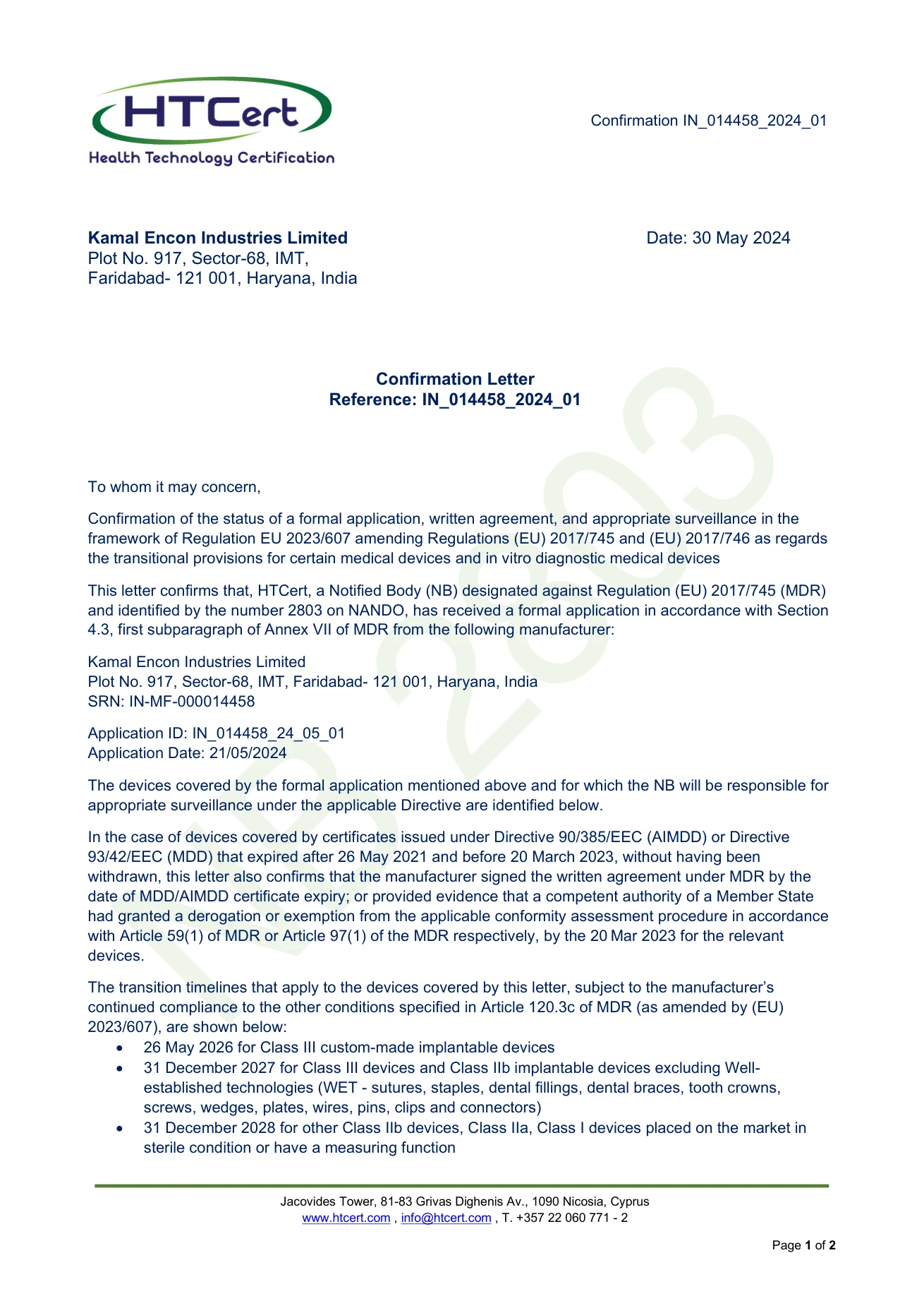 MDR Transition Confirmation Letter certificate preview