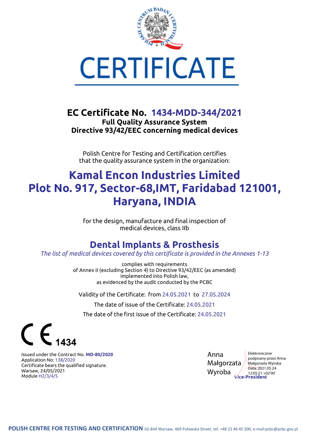 EC Certificate — Dental Implants & Prosthesis certificate preview