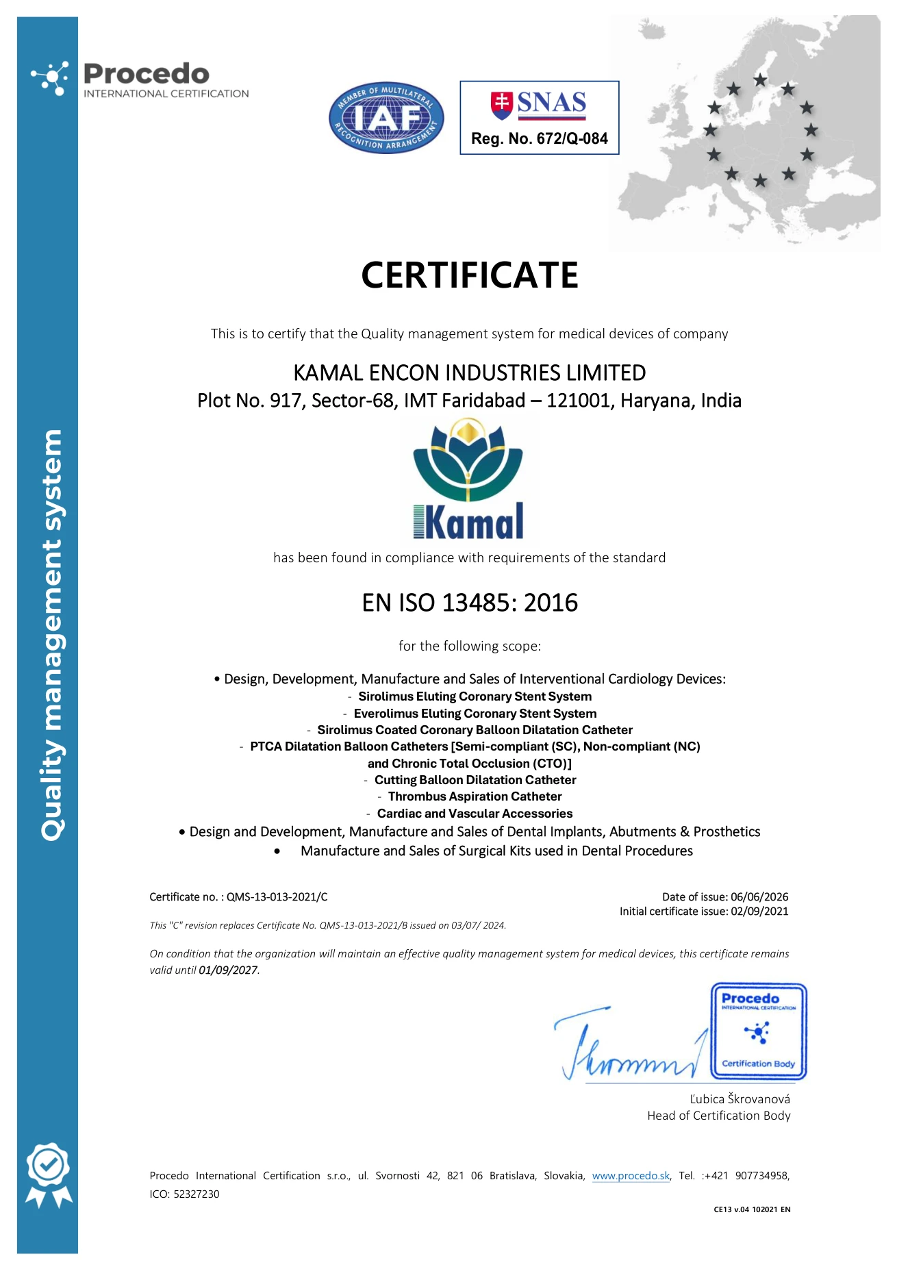EN ISO 13485:2016 certificate preview